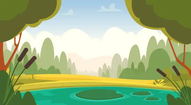 Vector illustration of Pool forest. Cartoon background of beautiful pond and trees. vector template