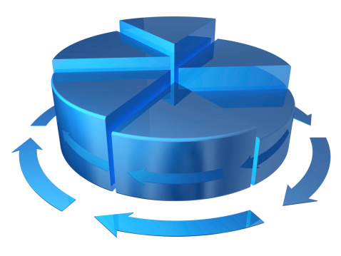 3D rendering of blue pie chart with arrows pointing toward the direction of growth