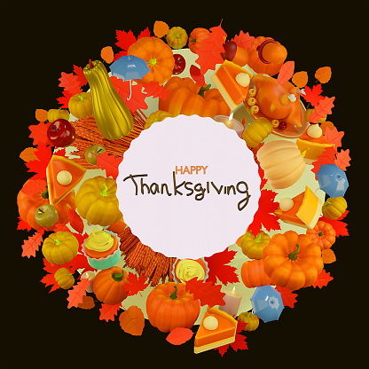 Autumn design template with leaves and pumpkins. Background with circle frame in scandinavian style. Thanksgiving text.