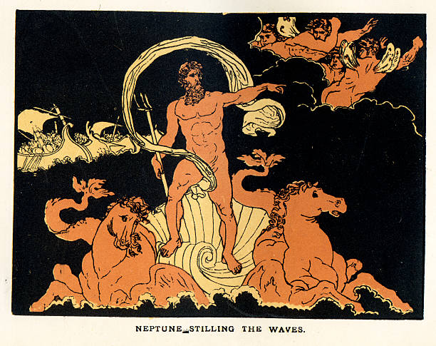 illustrazioni stock, clip art, cartoni animati e icone di tendenza di nepture stilling le onde - mythology roman greek mythology virgil