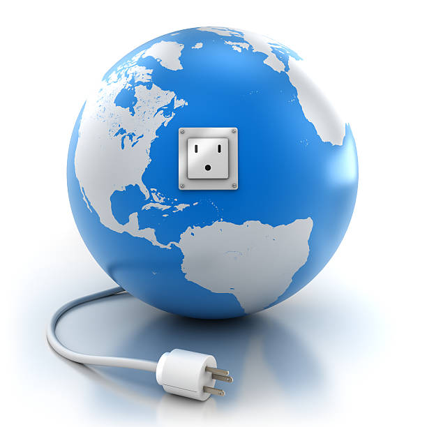 terra con presa e spina, isolato/clipping path - network connection plug globe connection earth foto e immagini stock