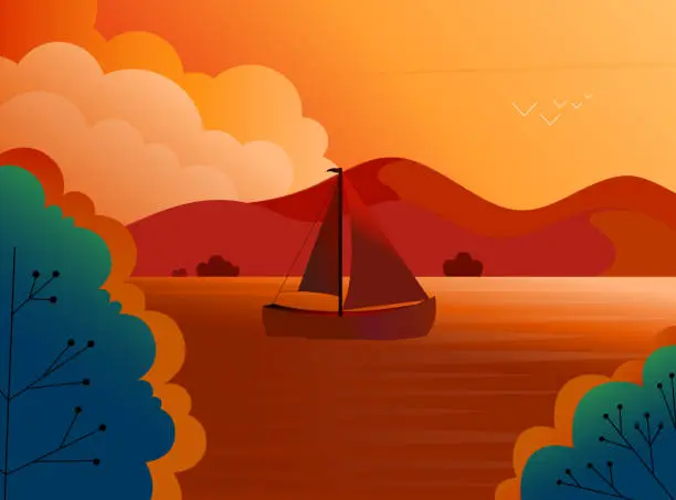 Vector illustration of Seascape abstract art background. Vector illustration of a sunset with a sailing boat. Design element for banner, flyer, card, sign template.