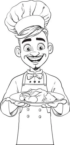 Vector illustration of black and white drawing of a chef with a plate of food