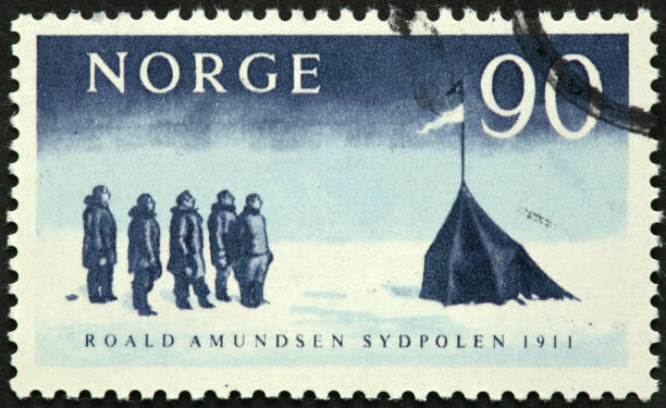 Roald Amundsen first to the South Pole "Roald Amundsen first to the South Pole 1911, honored on an old stamp from Norway." south pole stock pictures, royalty-free photos & images