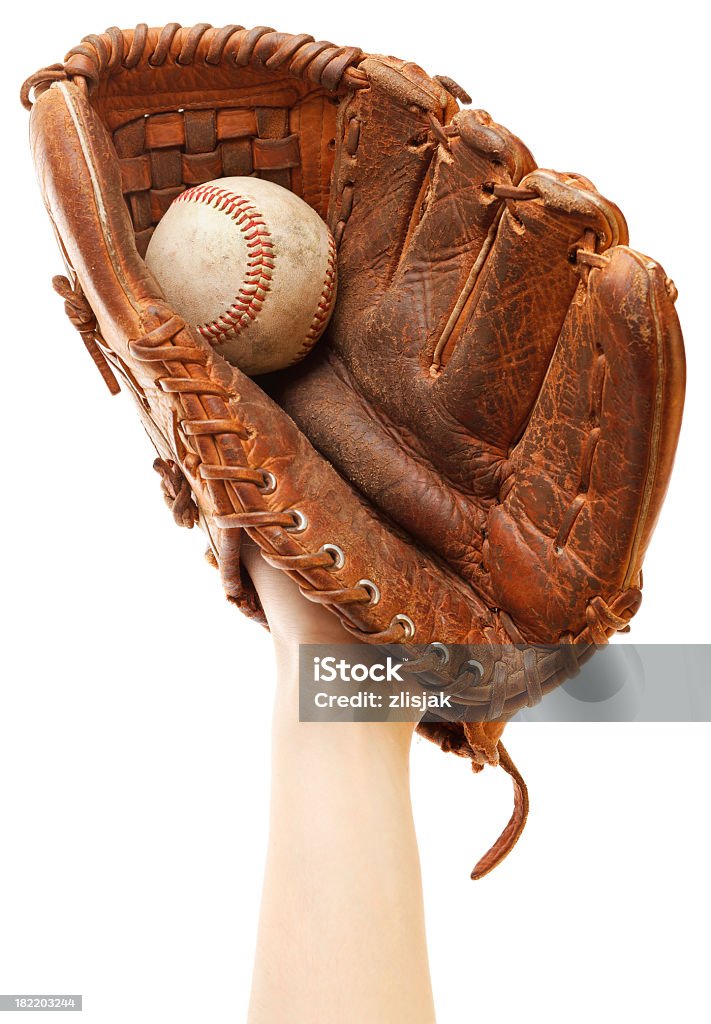 Gloved hand raised to catch baseball Want to play catch? Photo of a hand wearing a big baseball glove with a baseball inside of it. Isolated on white, perfect in camera isolation achieved using a blown background. Please zoom in to see the nice detail. (Canon 5D Mark II, Adobe RGB) Baseball - Sport Stock Photo