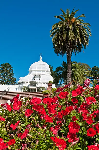 "The bright white dome of the Conservatory of Flowers, the ornate 19th Century pavilion in the heart of the Golden Gate Park, Haight Ashbury, San Francisco. ProPhoto RGB profile for maximum color fidelity and gamut."