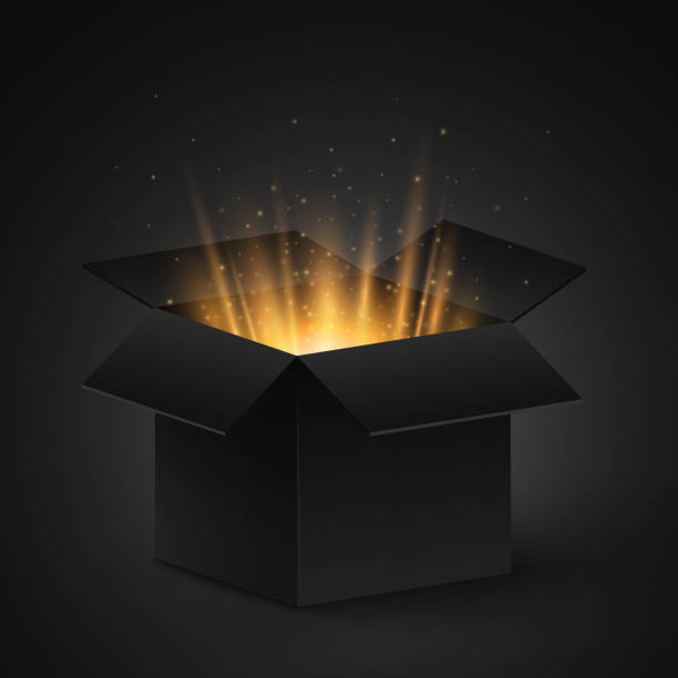 istock Open 3d gift box with golden glow and flying particles. Graphic element for sale or holiday. Vector illustration. 1822038971
