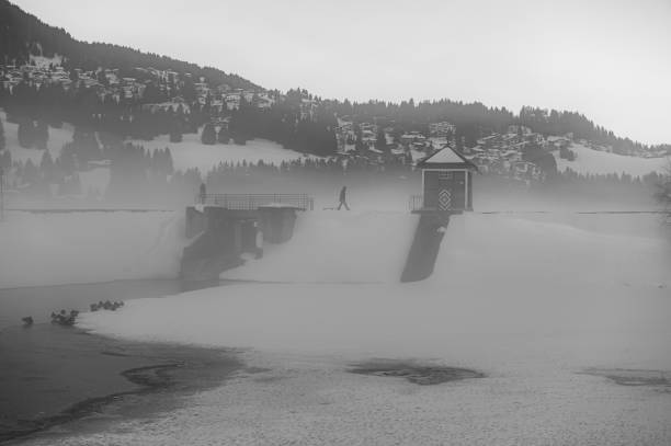 a foggy winter day at the lake in the swiss alps a foggy winter day at the lake in the swiss alps traurig stock pictures, royalty-free photos & images