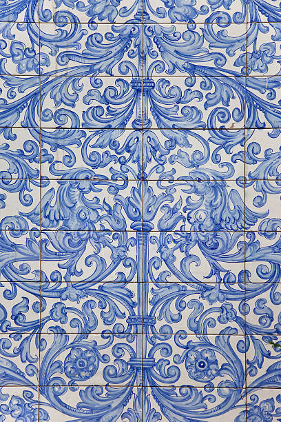 Antique Dutch delft design on blue tiles