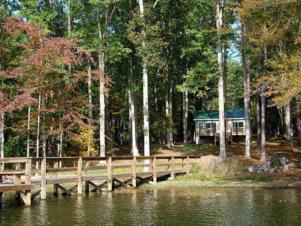 istock Lake With Dock And Small House In Background 182204568