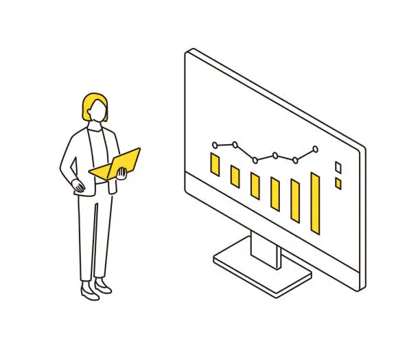 Vector illustration of Monitor and sales graph. Business person making business strategy