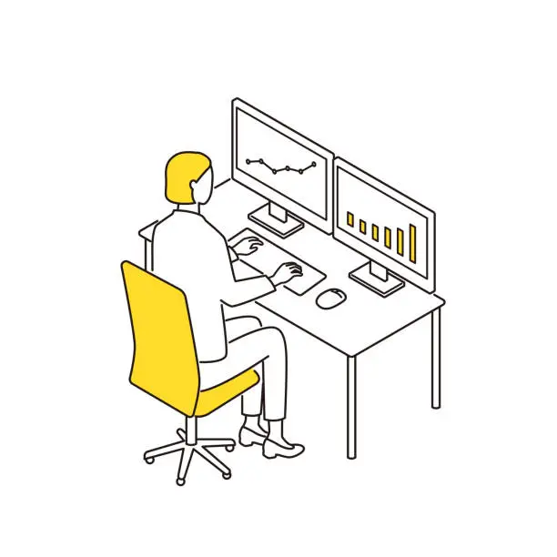 Vector illustration of desk work. Business person working with dual monitors