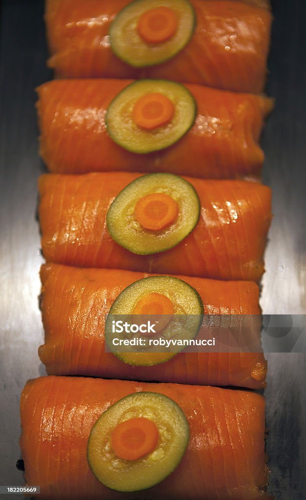 Smoked pink salmon roulades Smoked pink salmon rouladesStreet market: Close-up Stock Photo