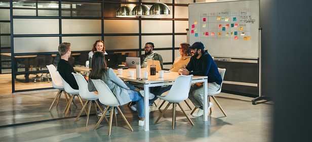 Diverse group of professionals engage in a productive discussion and brainstorming session in a boardroom. The team, consisting of both men and women, focuses on project management and software development.