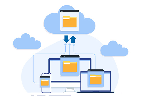 Cloud computing concept with computer monitor, laptop, and smartphone devices on the processing of upload and download information and data, Cloud storage or service data transfer flat illustration vector template for mobile app, web banner, infographic, landing page, ui/ux