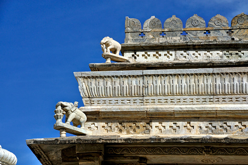 Statues are carved in the corners of the roof of Ranakpur Adinatha Jain Temple state Rajasthan