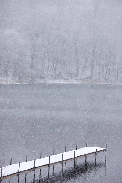istock Serene winter snowfall covering dock and pond. 182207271