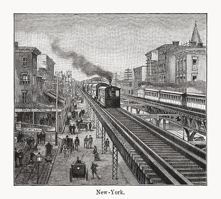 Historical view of the New York Central Railroad - a former railroad primarily operating in the Great Lakes and Mid-Atlantic regions of the United States. The railroad primarily connected greater New York and Boston in the east with Chicago and St. Louis in the Midwest, along with the intermediate cities of Albany, Buffalo, Cleveland, Cincinnati, Detroit, Rochester and Syracuse. The railroad was established in 1853, consolidating several existing railroad companies. Wood engraving, published in 1894.