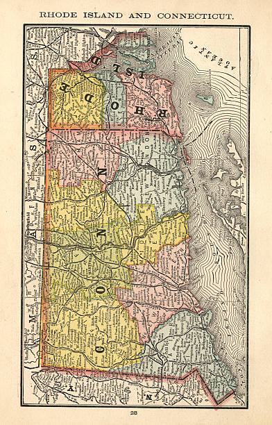 Rhode Island and Connecticut | USA Antique Maps High Resolution "Antique map of the state of Rhode Island and Connecticut, USA. Published in 1884, Rand McNally and Co, Chicago. CLICK ON THE LINKS BELOW FOR HUNDREDS OF SIMILAR IMAGES:" connecticut stock illustrations