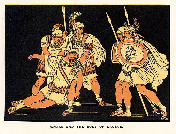 ilustrações de stock, clip art, desenhos animados e ícones de aeneas e o corpo de lausus - ancient rome illustration and painting engraving engraved image