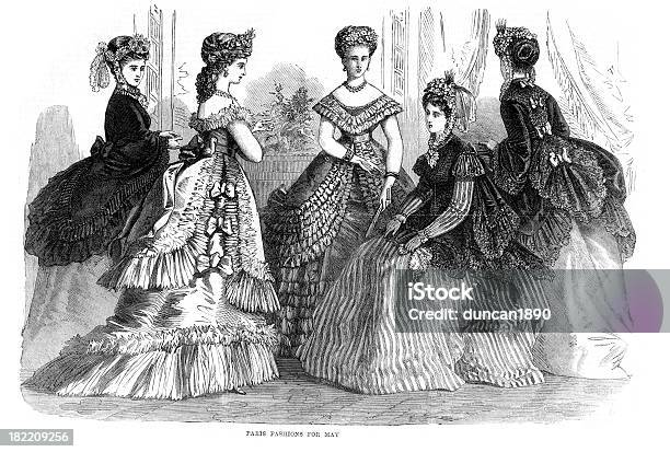 Victorian Moda Młodych Kobiet Z Xix Wieku - Stockowe grafiki wektorowe i więcej obrazów Styl wiktoriański - Styl wiktoriański, Odświętne ubranie, 1860-1869