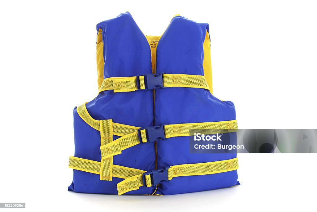 Blue and Yellow Life Jacket "Lifejacket, blue trimmed in yellow on white background." Life Jacket Stock Photo