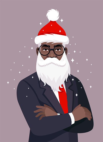 An African American businessman wearing Santa's hat, along with a beard, moustache, and eyeglasses.