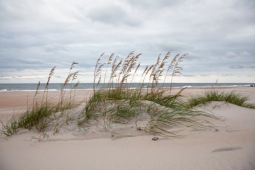 Sand dune against overcast sky on a windy day. Cape Hatteras, North Carolina. Horizontal]-For more bodies of water images, click here.  OCEAN LAKE RIVER and SHORE