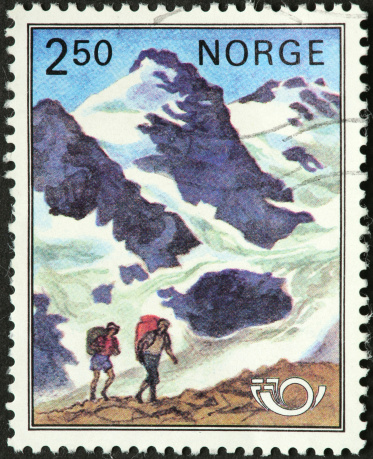 Norwegian mountain hikers near glaciers.