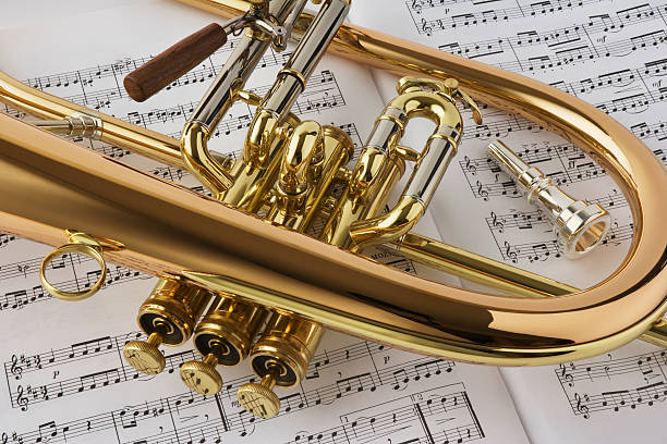 horn e música - trumpet valve close up flugelhorn - fotografias e filmes do acervo