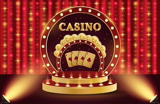 Casino podium. 3d retro casino podium. Podium with coins and playing cards. Casino scene, stage, studio or room.