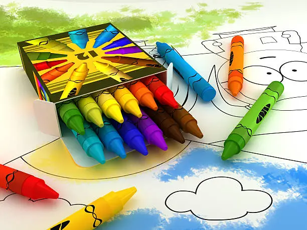 Box full of colorful crayons on a half painted page of coloring book. Please note that all textures including the illustration are my own design...Similar images: