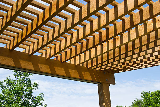 Cedar pergola with sky and trees in background Newly constructed Pergola showing cedar beams and posts with blue sky and trees in background gazebo photos stock pictures, royalty-free photos & images