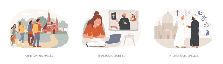 Doctrine of god isolated concept vector illustration set. Christian pilgrimages, theological lectures, interreligious dialogue, church father, religious symbol, visit saint place vector concept.