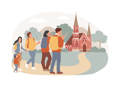 Christian pilgrimages isolated concept vector illustration. Go on pilgrimage, visit saint places, seeking god, christian nuns, monks in monastery, religious procession, prayer vector concept.