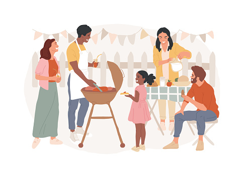 Backyard party isolated concept vector illustration. Backyard BBQ, friends meeting ideas, outdoor party decoration, family picnic, weekend gathering, cooking meat grill, holiday vector concept.
