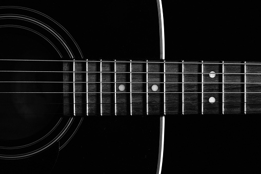 A closeup shot of details on a glossy black acoustic guitar