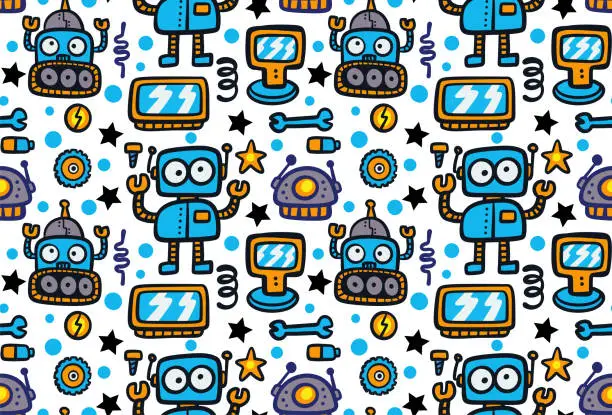 Vector illustration of Funny robots cartoon seamless pattern