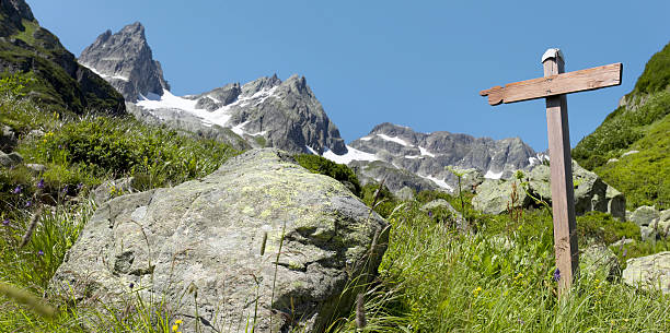istock Blue sky over footpath sign in the suisse alpes 182212392