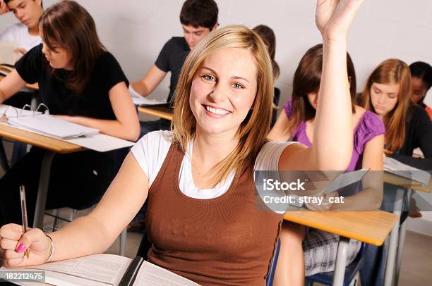 Zuversichtlich Teenaged Mädchen Mit Hand Heben In Parlamentarische Bestuhlung Stockfoto und mehr Bilder von Blondes Haar