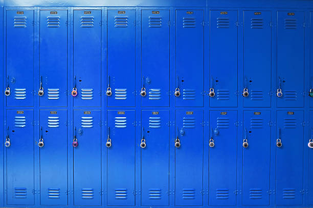 blue high school lockers stock photo