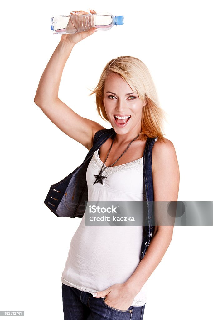 Linda menina com a garrafa de água isoladas no branco - Foto de stock de Adulto royalty-free