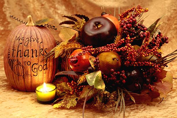 Holiday: Give Thanks to God pumpkin and cornucopia stock photo