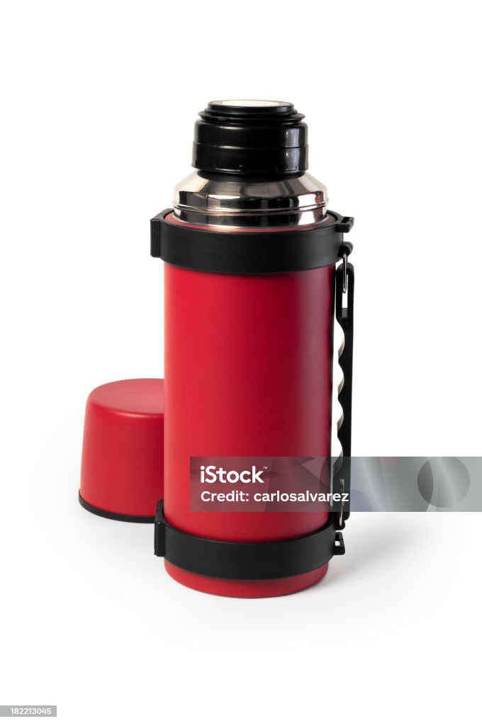 A red thermal flash with a cup "Red Thermo Flask, with Clipping Path." Bottle Stock Photo