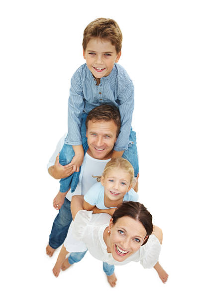 Portrait of a happy family having fun against white background