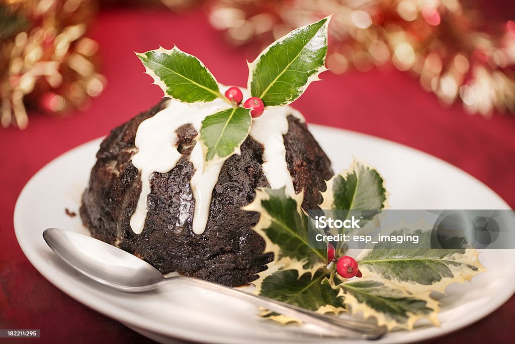 Christmas pudding mit holly - Lizenzfrei Serviettenkloß Stock-Foto