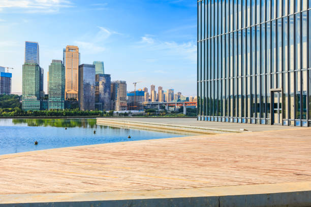 istock Empty plank square and modern city building background 1822152022