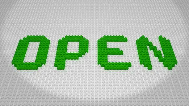 OPEN Green Bricks Wording Constructed on White Baseplate