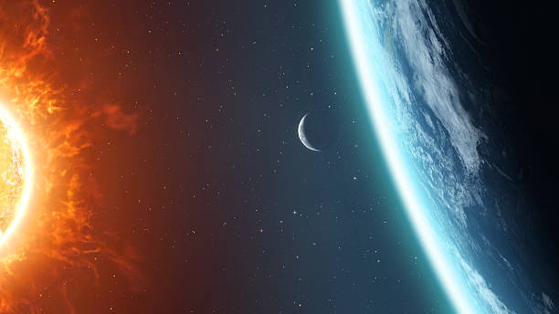 지구별 상현달 및 일요일 - earth stratosphere space planet 뉴스 사진 이미지