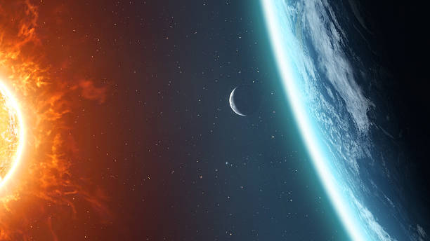 Earth Moon and Sun "3D rendering of our home planet with moon and sun.3D render, using an Earth map from NASA (Visible Earth)." sun and moon stock pictures, royalty-free photos & images